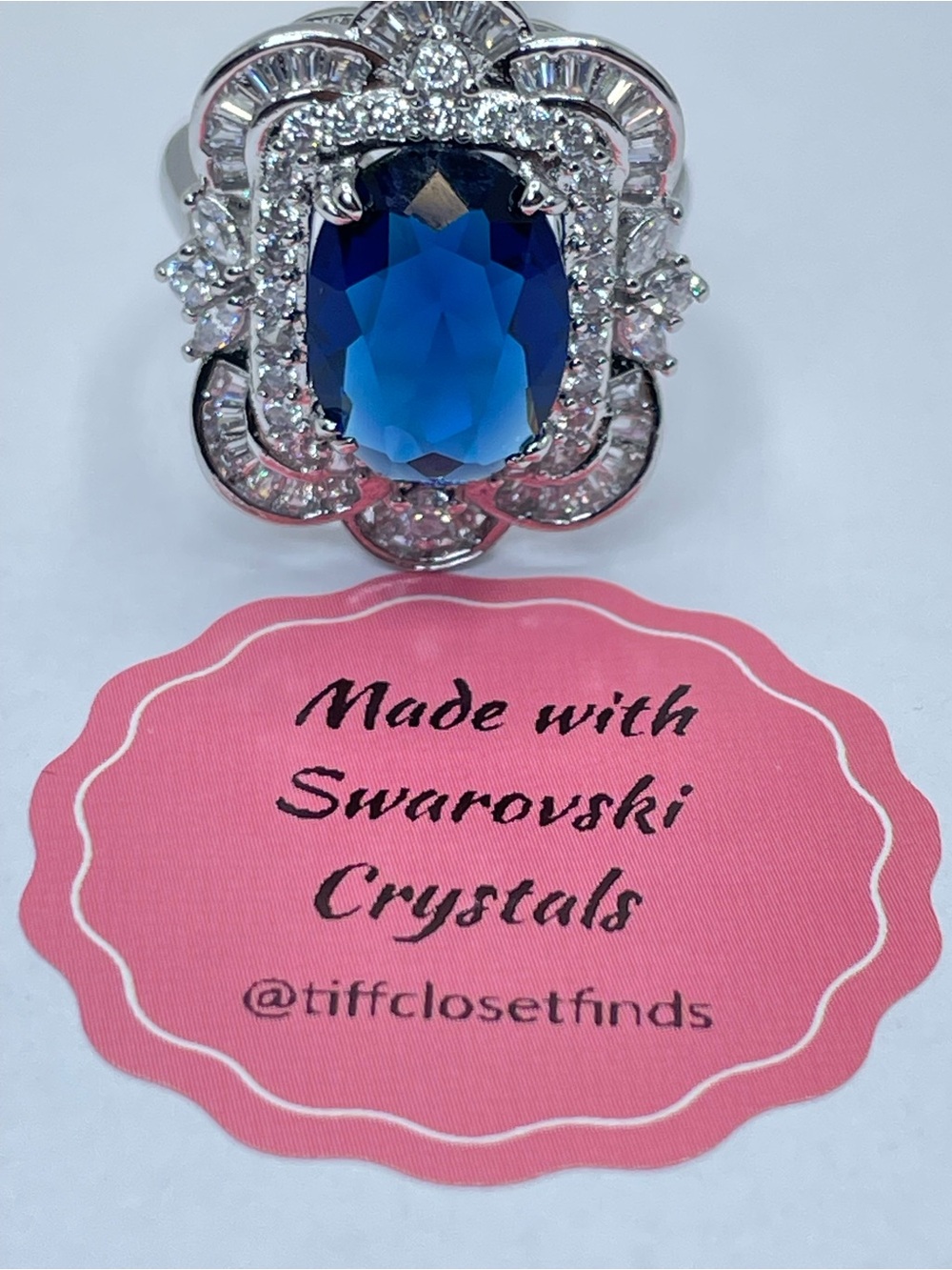Swarovski Sapphire Blue Crystal Elements Art Deco Statement Ring Vintage Glam